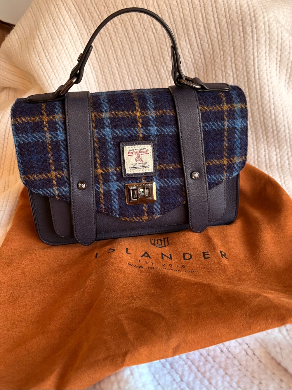 Islander Navy Tartan Vegan Leather & Blue Plaid Tweed Satchel
